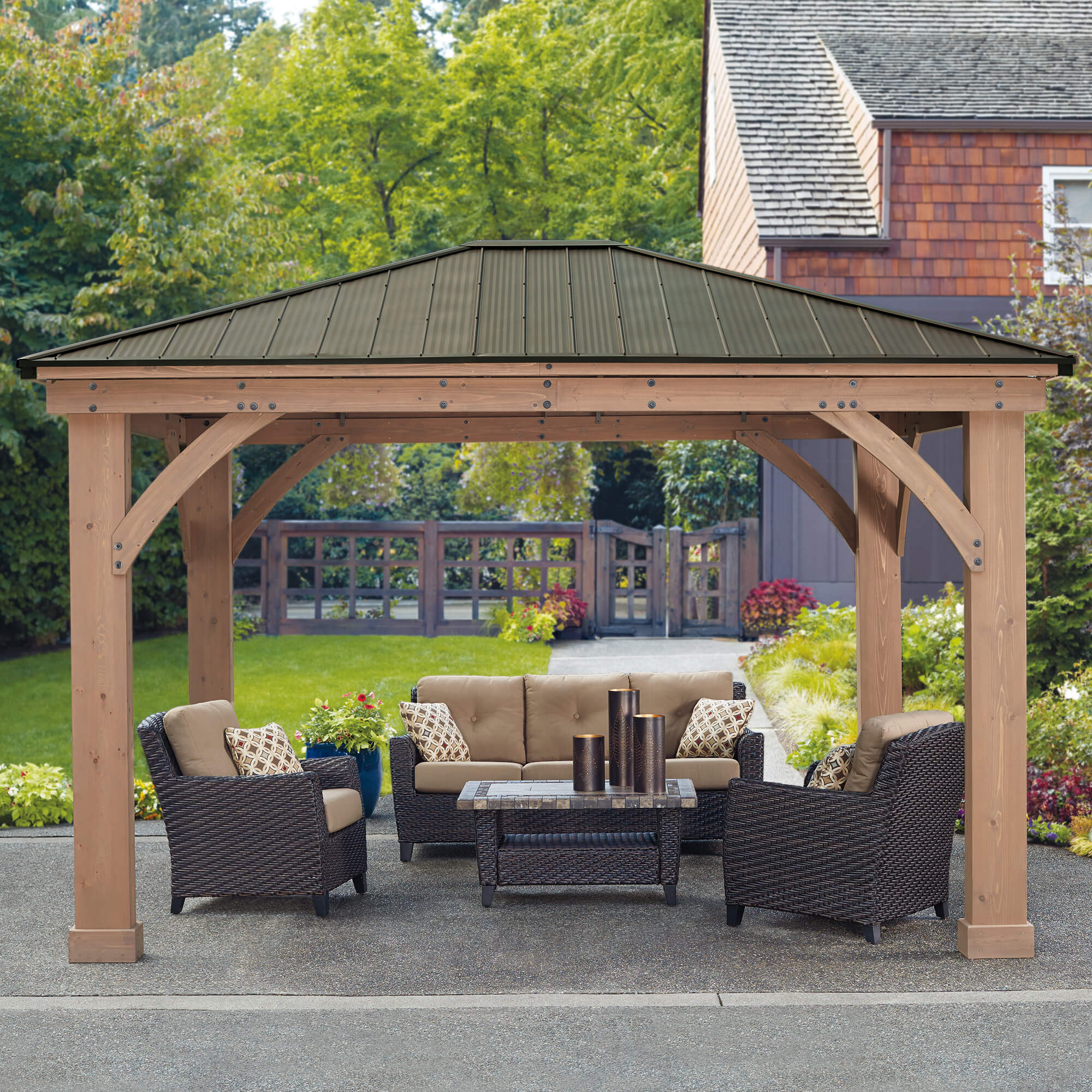 12 x 14 Wood Gazebo with Aluminum Roof (Assembly Included)
