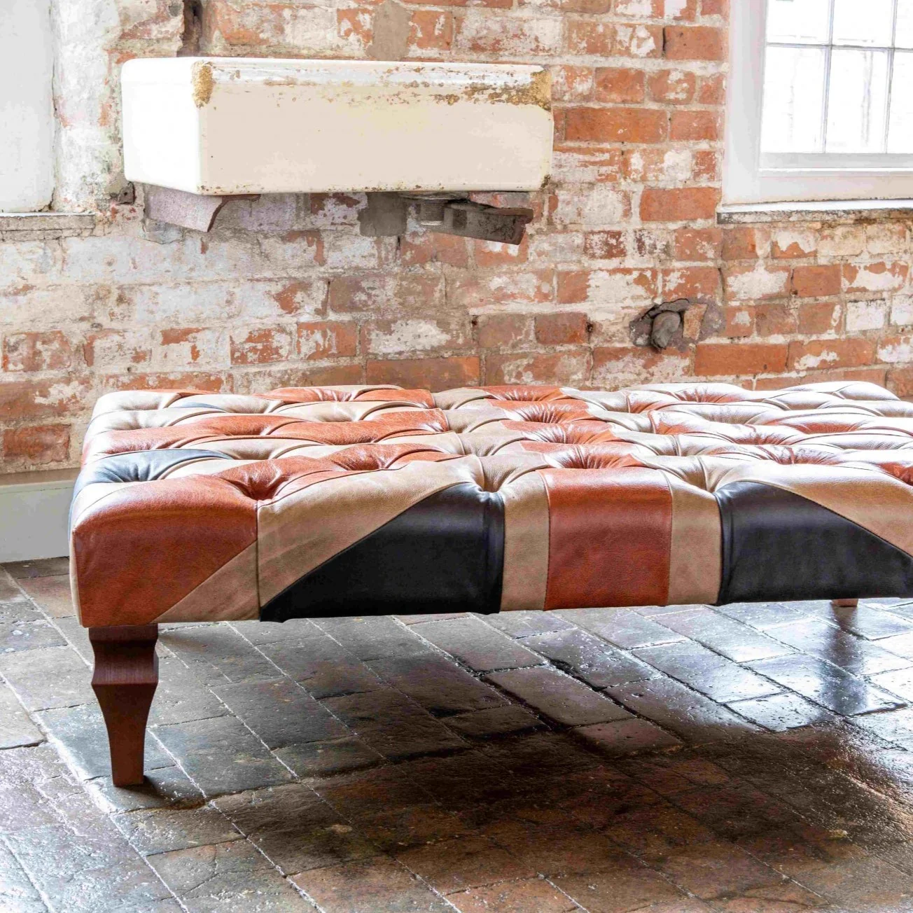 Union Jack Large Buttoned Top Vintage Leather Footstool - 120cm