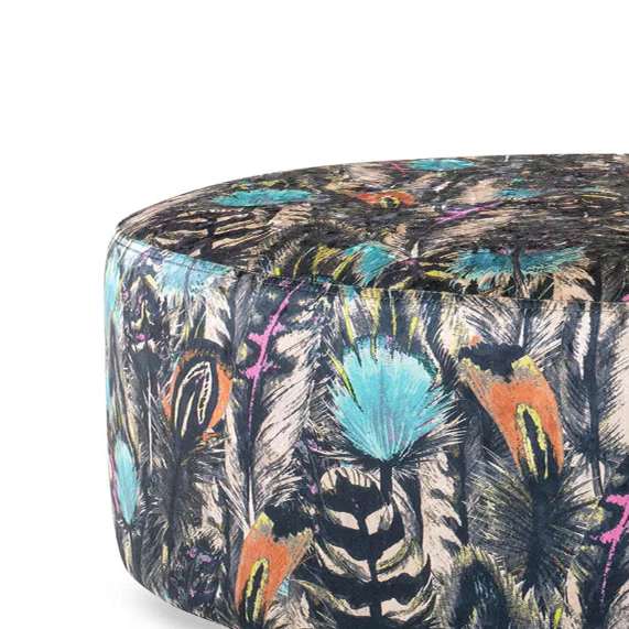Feathers Jewel Fabric Large Round Accent Footstool
