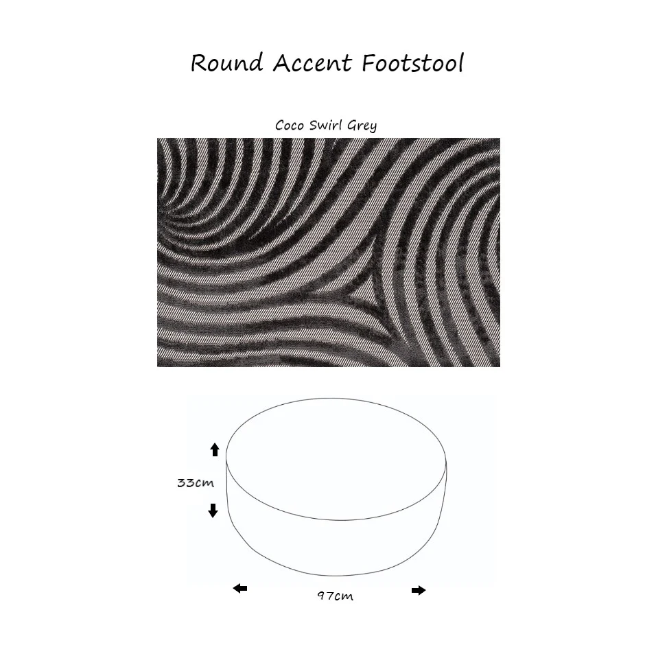 Coco Swirl Grey Fabric Large Round Accent Footstool