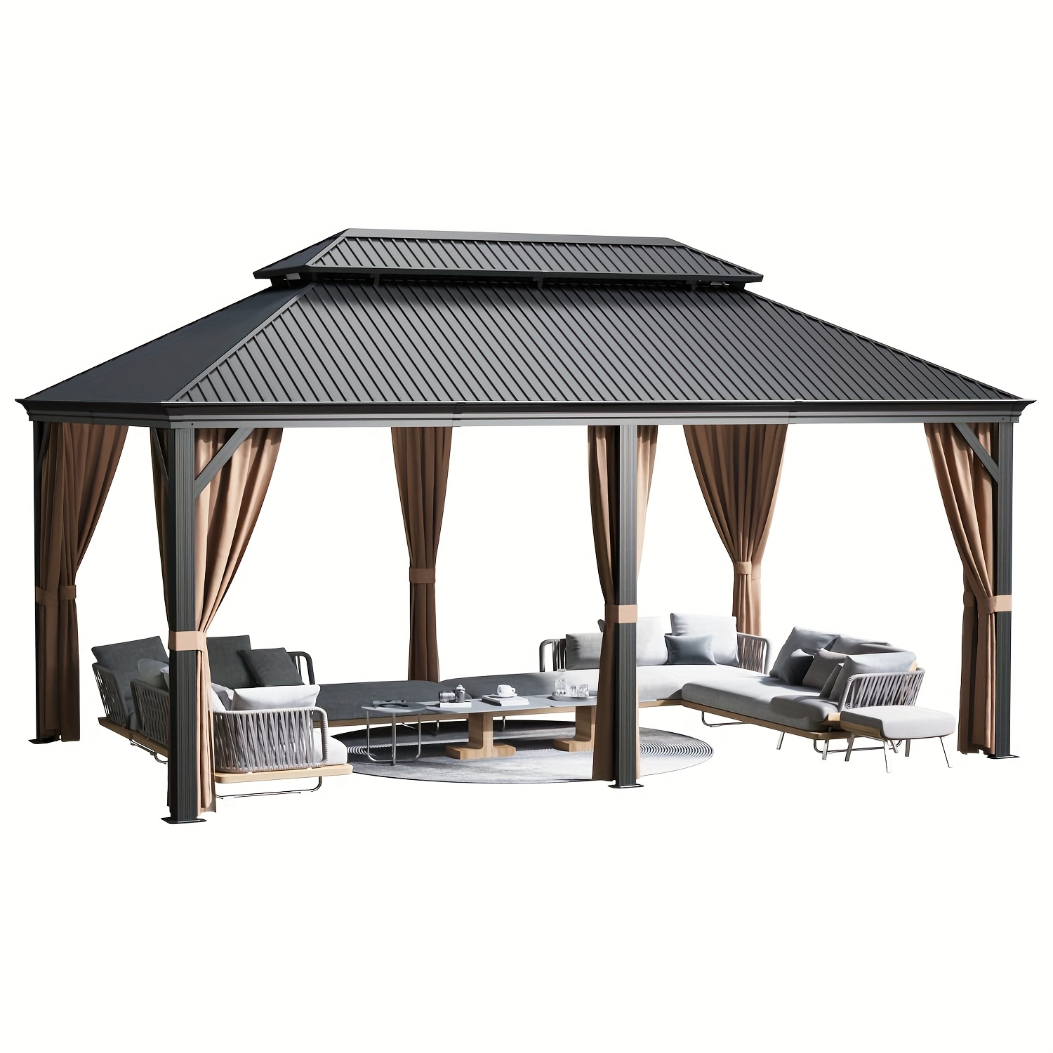 Devoko 12'x16'/12'x20' Outdoor Hardtop Gazebo – Galvanized Steel Roof & Aluminum Frame with Curtains and Netting for Patio & Garden
