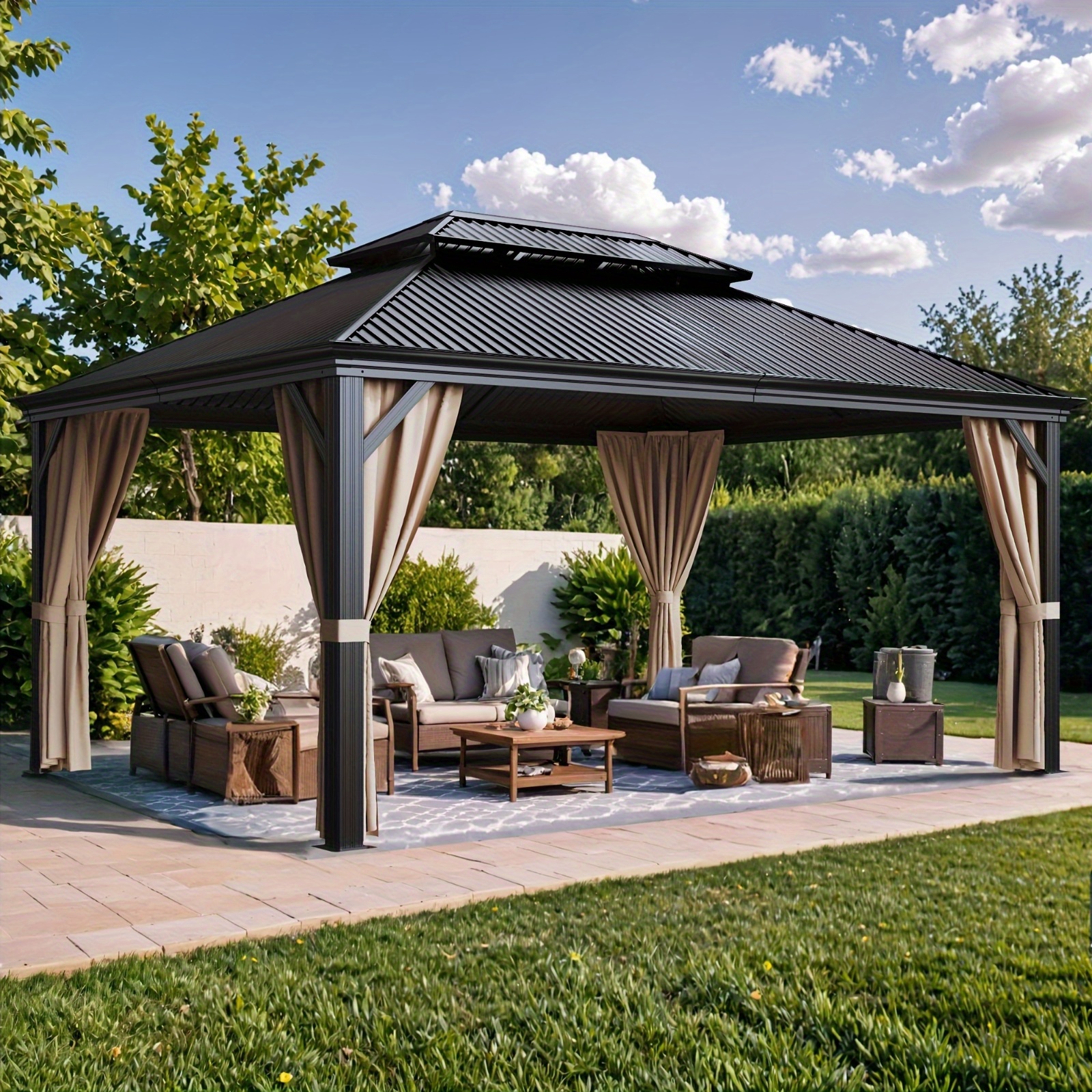 Devoko 12'x16'/12'x20' Outdoor Hardtop Gazebo – Galvanized Steel Roof & Aluminum Frame with Curtains and Netting for Patio & Garden