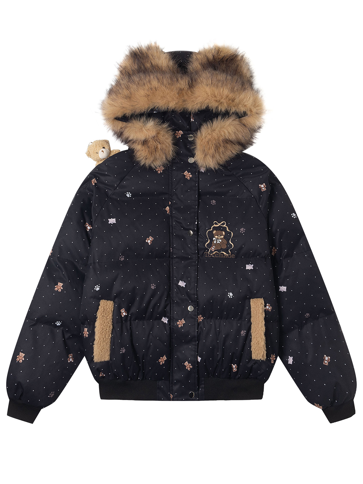 Cute polka dot keychain bear collar hooded cotton coat women's winter couple warm puffer jacket