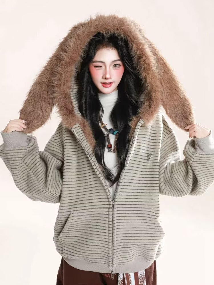 Striped Rabbit Ear Fur Collar Hooded Sweatshirt for Women, Autumn/Winter, Fleece-Lined, Thick, Loose Cardigan/Outerwear for Couples