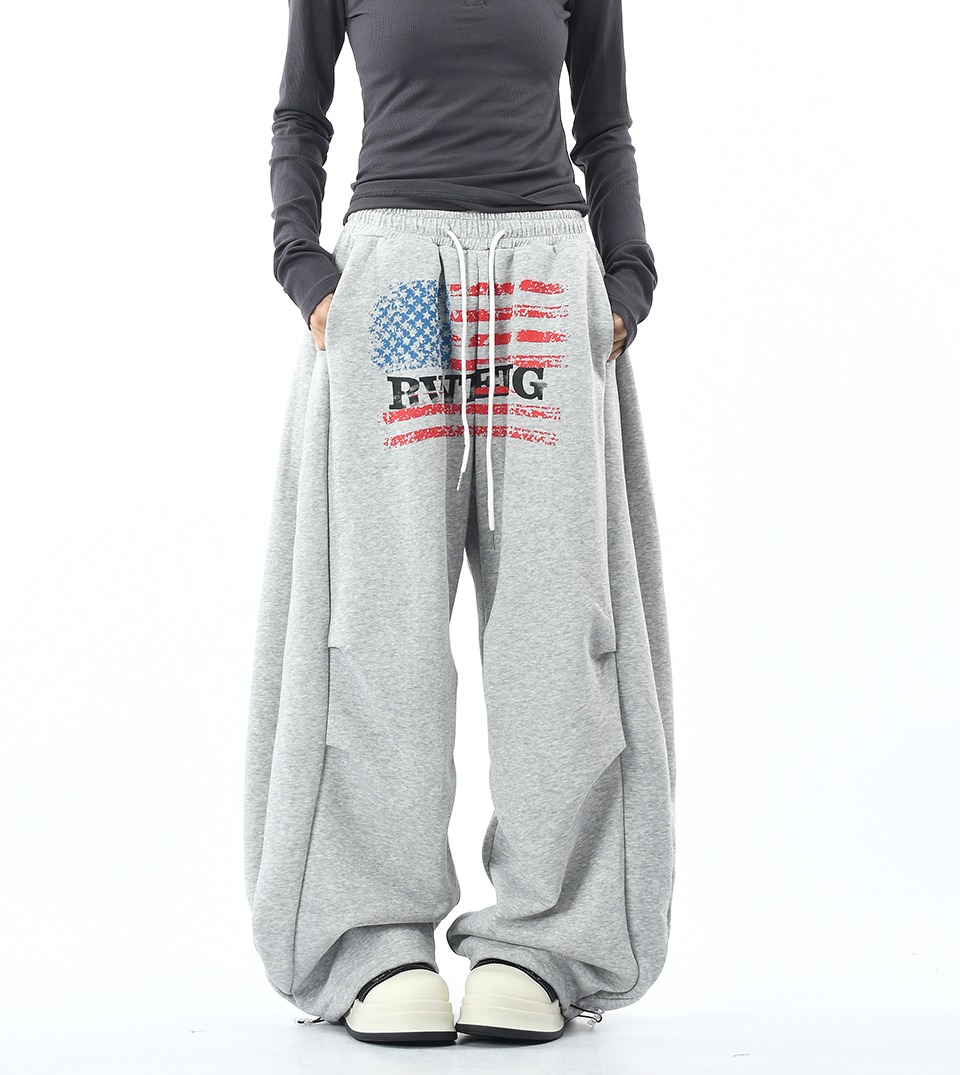 New versatile Harajuku American retro flag-pleated curved blade sweatpants for men and women, niche wide-leg sports casual pants