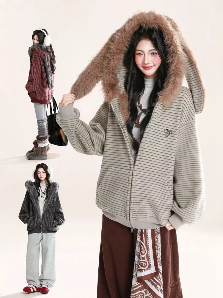 Striped Rabbit Ear Fur Collar Hooded Sweatshirt for Women, Autumn/Winter, Fleece-Lined, Thick, Loose Cardigan/Outerwear for Couples