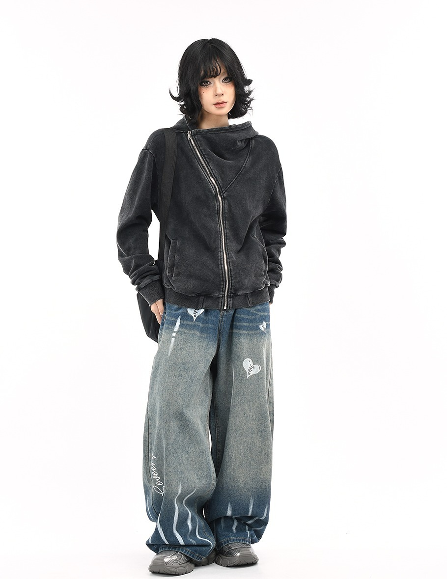 Women's Autumn/Winter Hooded Sweatshirt with Diagonal Zipper, Slim Fit, Versatile, Flattering Design, Lapel American Style