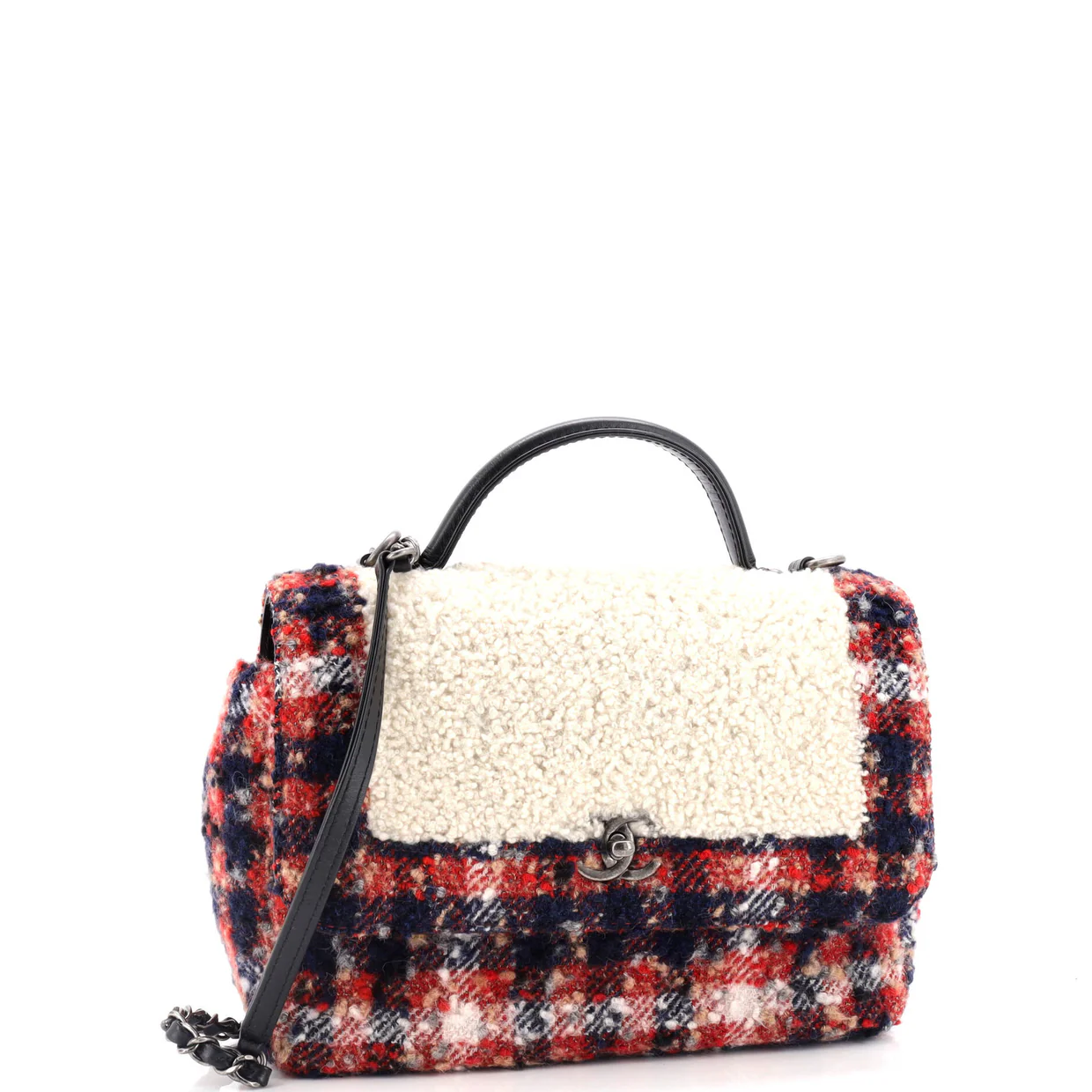 Top Handle Bag Shearling with Tweed Small - Deep Luxury