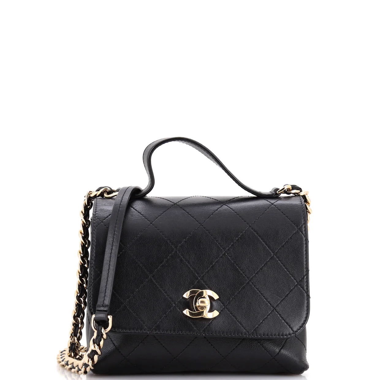 CC Double Pocket Top Handle Bag Stitched Calfskin Small - Deep Luxury