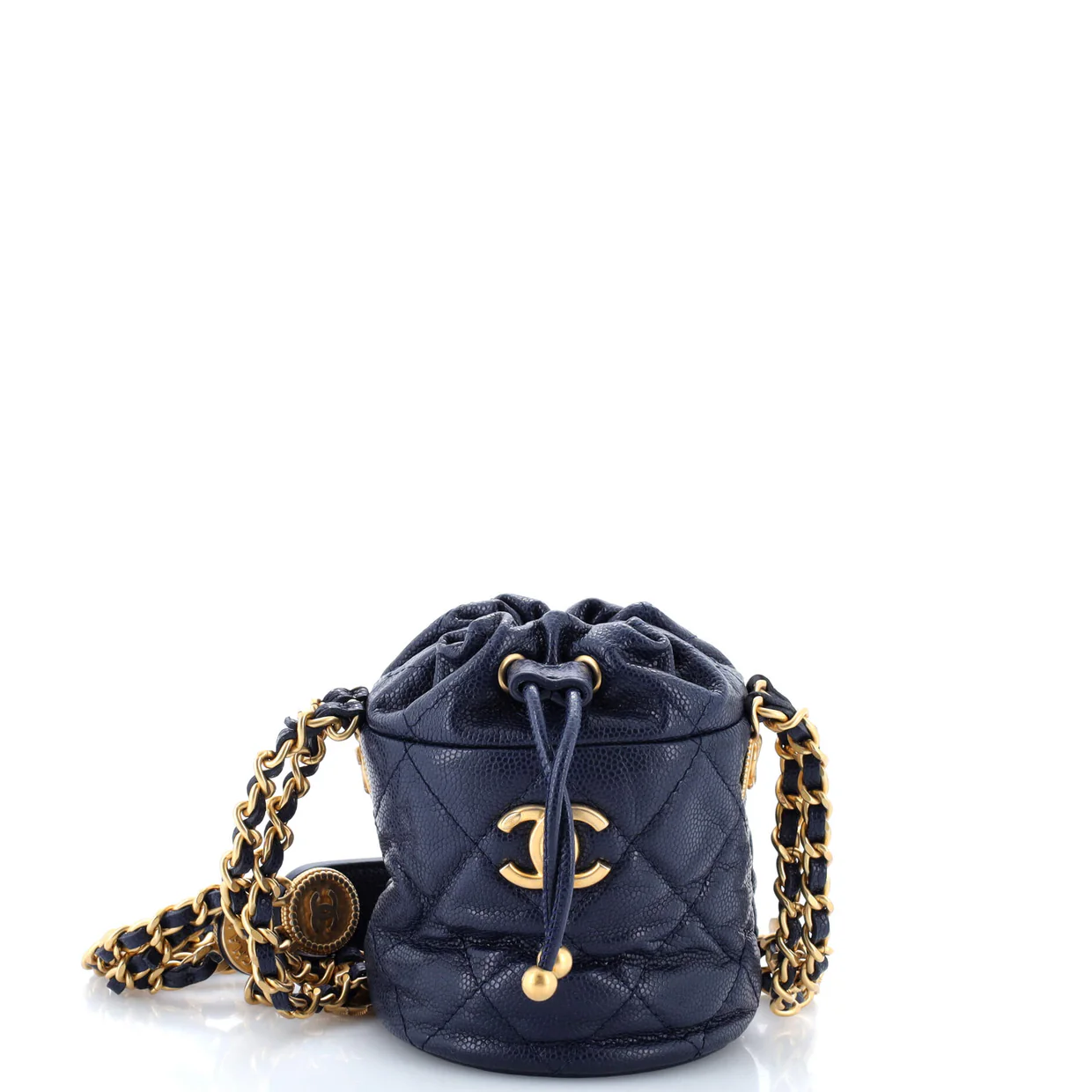 Twist Your Buttons Drawstring Bucket Bag Quilted Caviar Mini - Deep Luxury