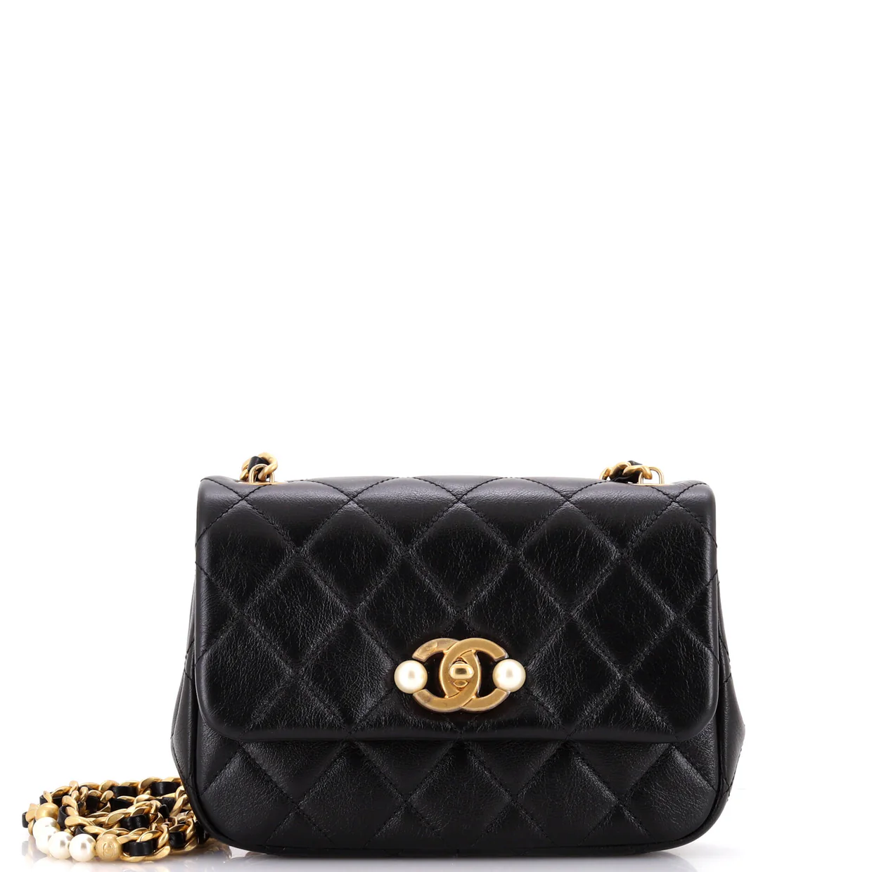 CC Pearl Section Chain Flap Bag Quilted Calfskin Mini - Deep Luxury