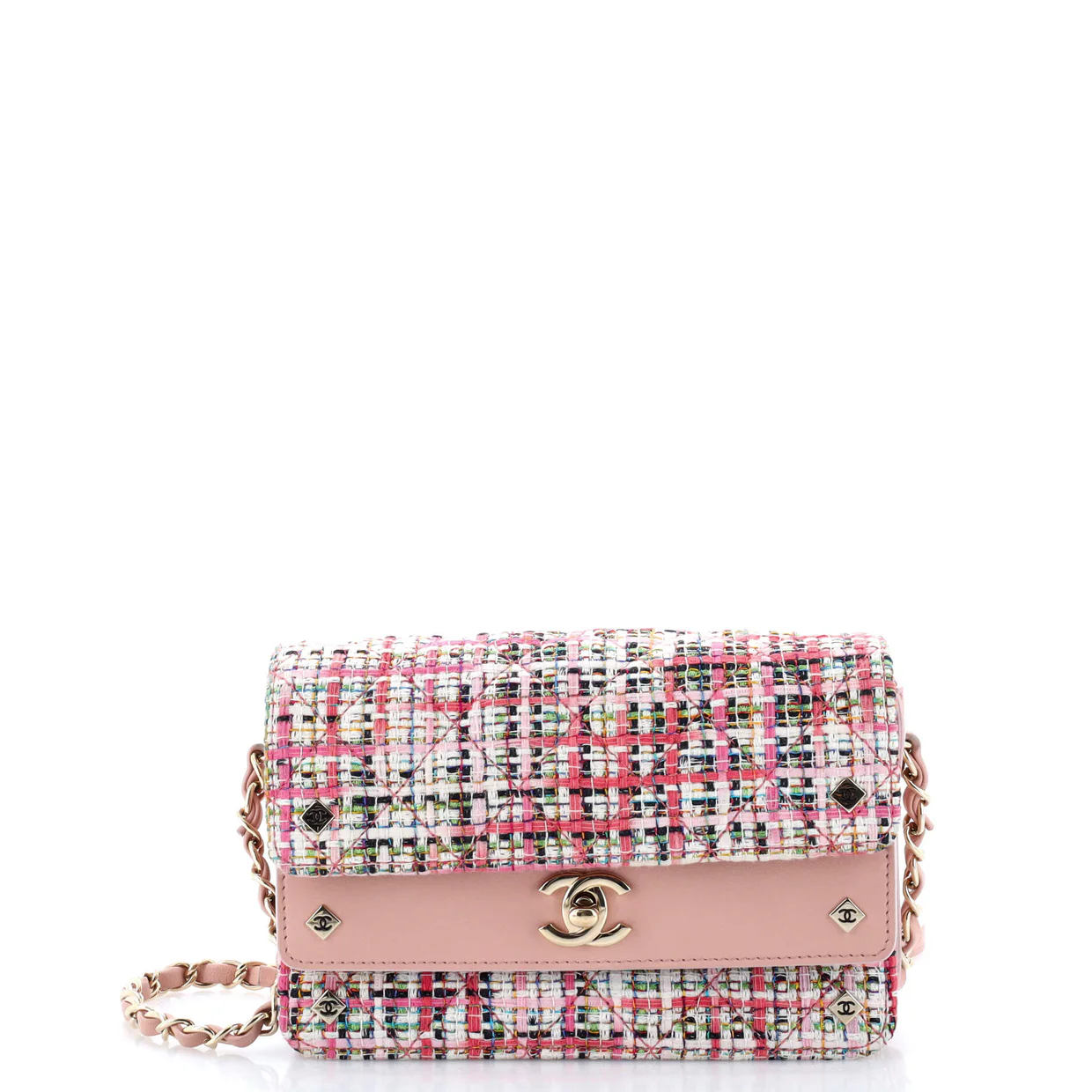 CC Stud Double Flap Bag Quilted Tweed with Leather Small - Deep Luxury