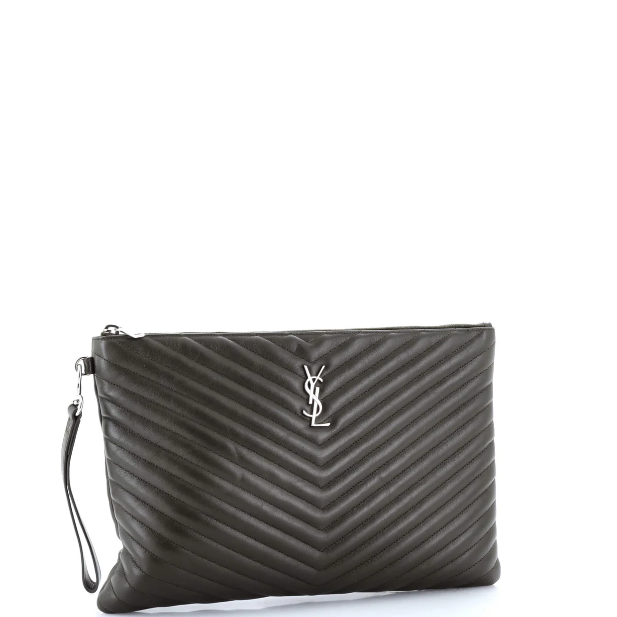 Classic Monogram Wristlet Pouch Matelasse Chevron Leather Large - Deep Luxury