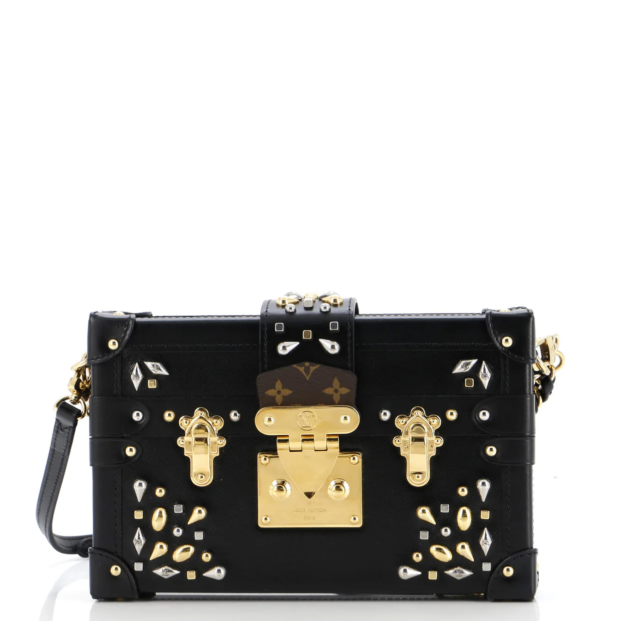 Petite Malle Handbag Studded Taiga Leather and Monogram Canvas - Deep Luxury