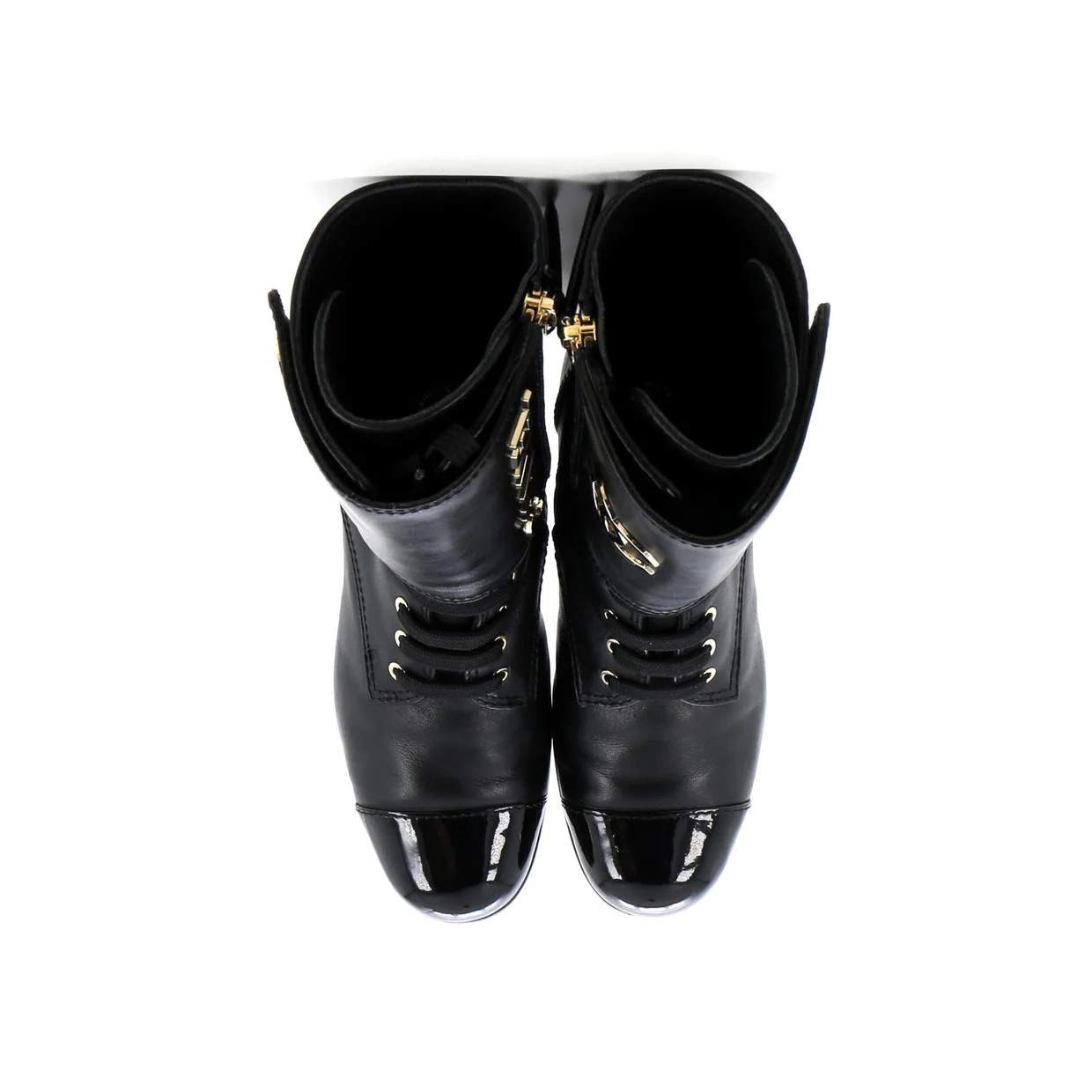 Women's Logo Button Snap Cap Toe Boots Leather with Patent - Deep Luxury