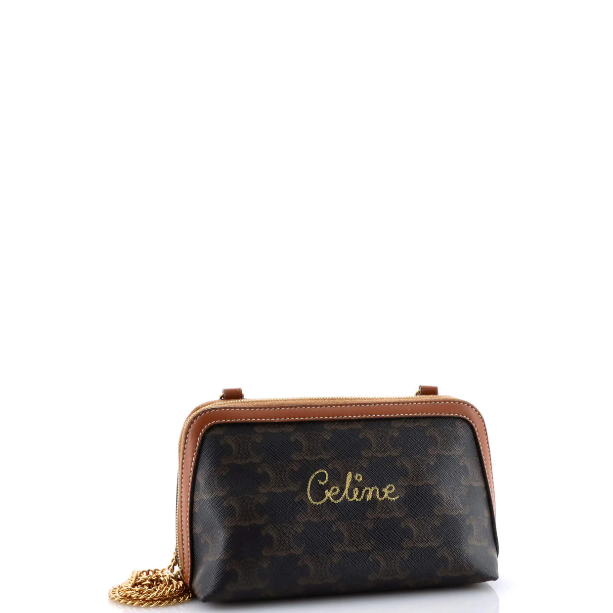 Zip Around Chain Clutch Embroidered Triomphe Coated Canvas - Deep Luxury