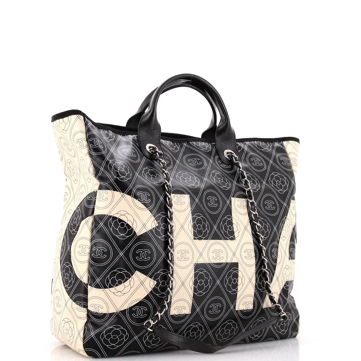Logo Camellia Shopping Tote Printed Coated Canvas Medium - Deep Luxury