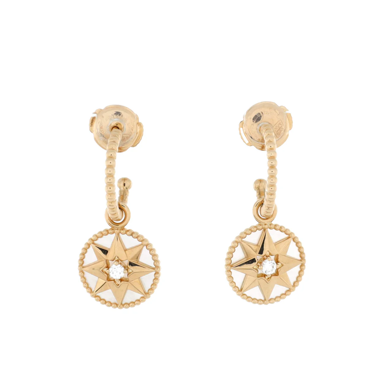 Rose des Vents Drop Hoop Earrings 18K Yellow Gold with Diamonds and Mother of Pearl - Deep Luxury