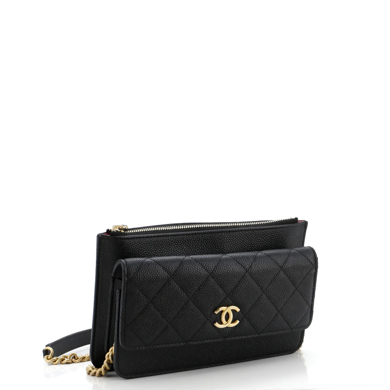 CC Front Pocket Clutch with Chain Quilted Caviar Small - Deep Luxury