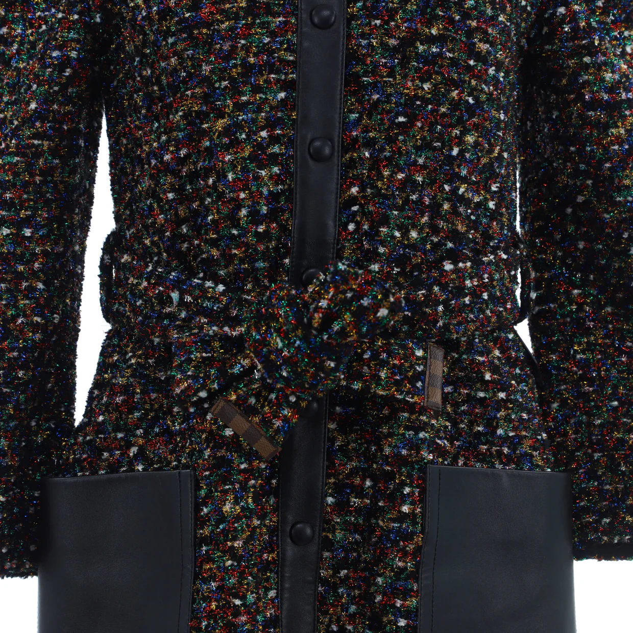 Women's Collarless Belted Long Coat Tweed with Leather - Deep Luxury