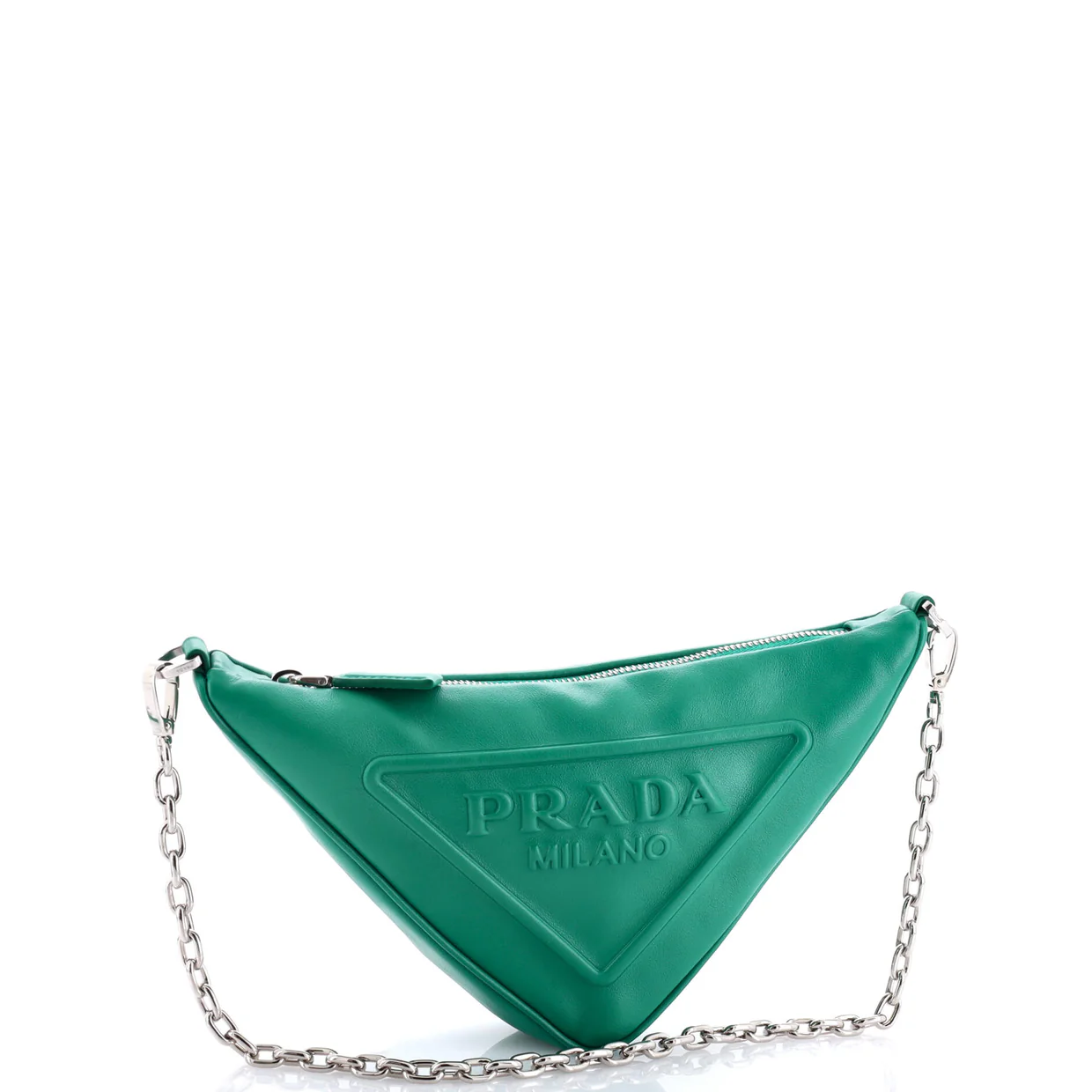 Triangle Logo Zip Chain Crossbody Bag Embossed Leather Small - Deep Luxury