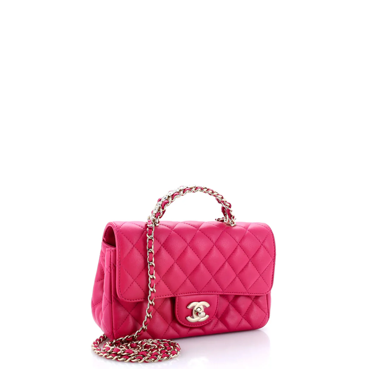 Crystal Chain Flap Top Handle Bag Quilted Lambskin Small - Deep Luxury