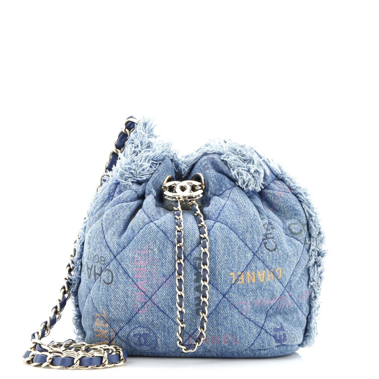 Denim Mood Chain Bucket Bag Logo Printed Quilted Fringe Denim Medium - Deep Luxury