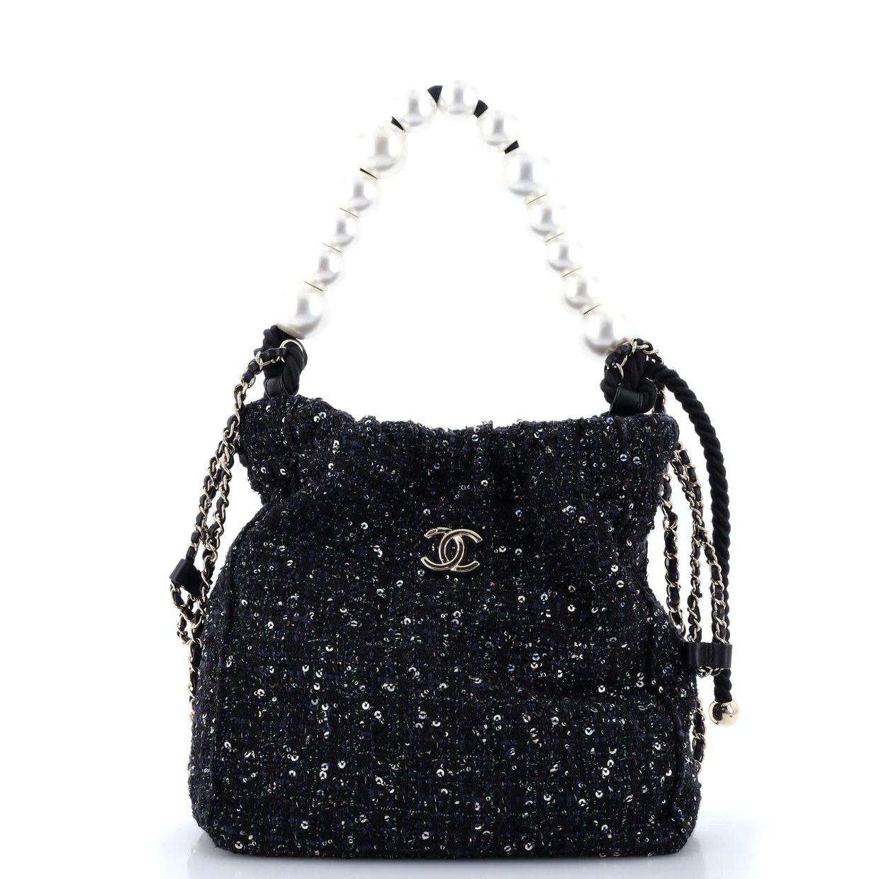 Pearl Drawstring Bag Sequin Embellished Tweed - Deep Luxury
