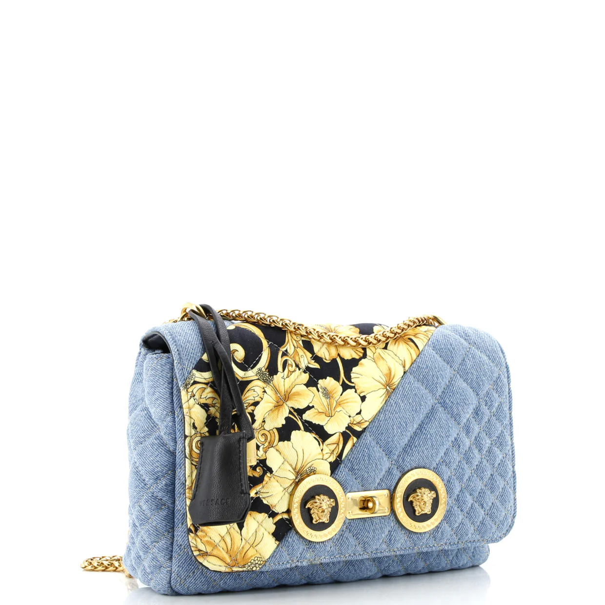 Medusa Padlock Icon Flap Bag Quilted Printed Denim Medium - Deep Luxury