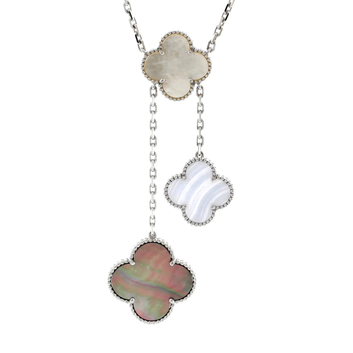 Magic Alhambra 6 Motifs Necklace 18K White Gold with Mother of Pearl and Chalcedony - Deep Luxury