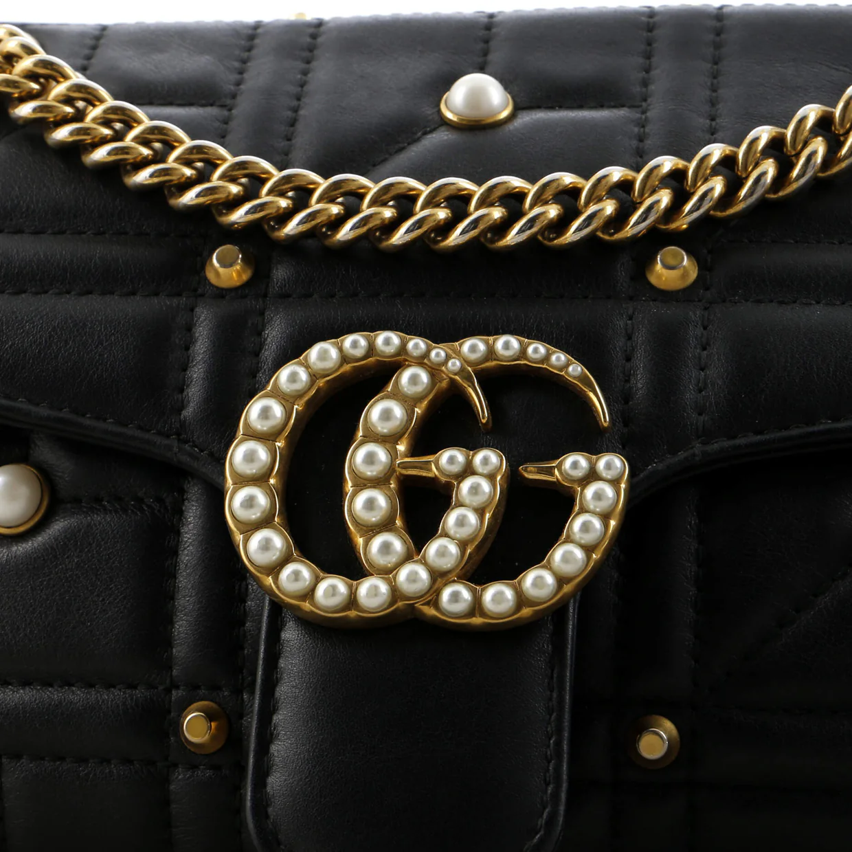 Pearly GG Marmont Flap Bag Embellished Matelasse Leather Small - Deep Luxury