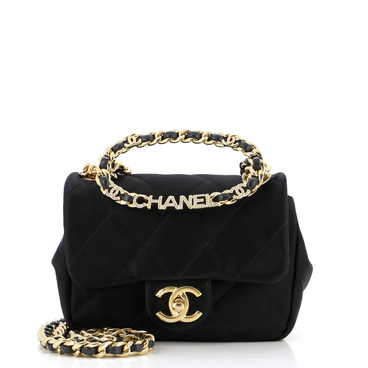 Oval Logo Chain Handle Flap Bag Quilted Satin with Crystals Mini - Deep Luxury