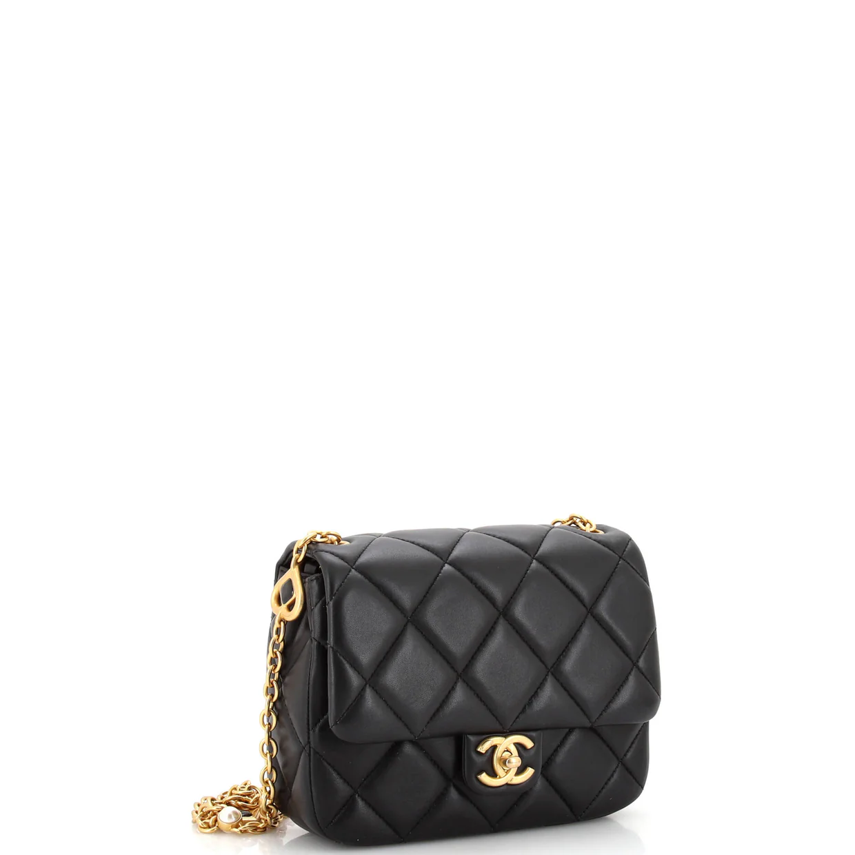CC Enamel Pearl Charm Me Square Flap Bag Quilted Lambskin Mini - Deep Luxury