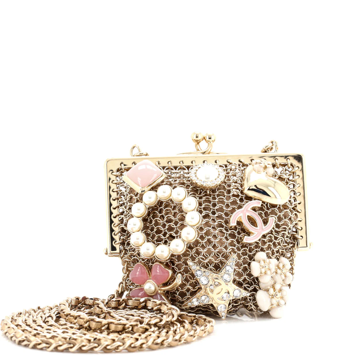 CC Charm Kisslock Frame Clutch with Chain Embellished Metal Mesh Mini - Deep Luxury