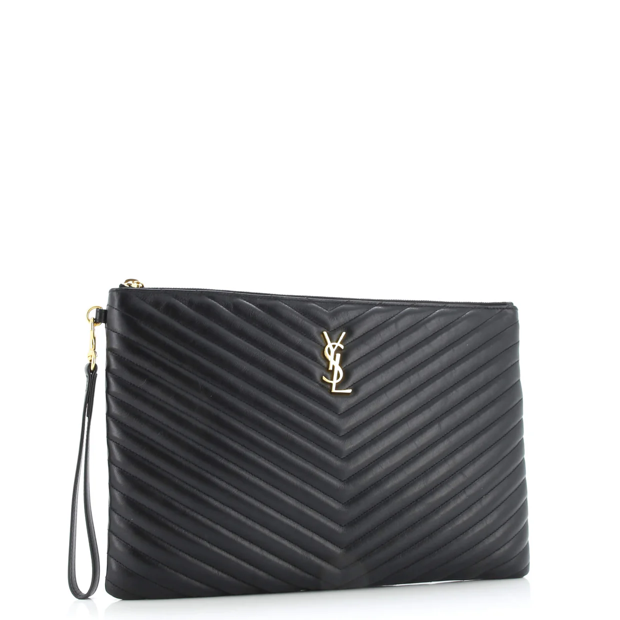 Classic Monogram Wristlet Pouch Matelasse Chevron Leather Large - Deep Luxury