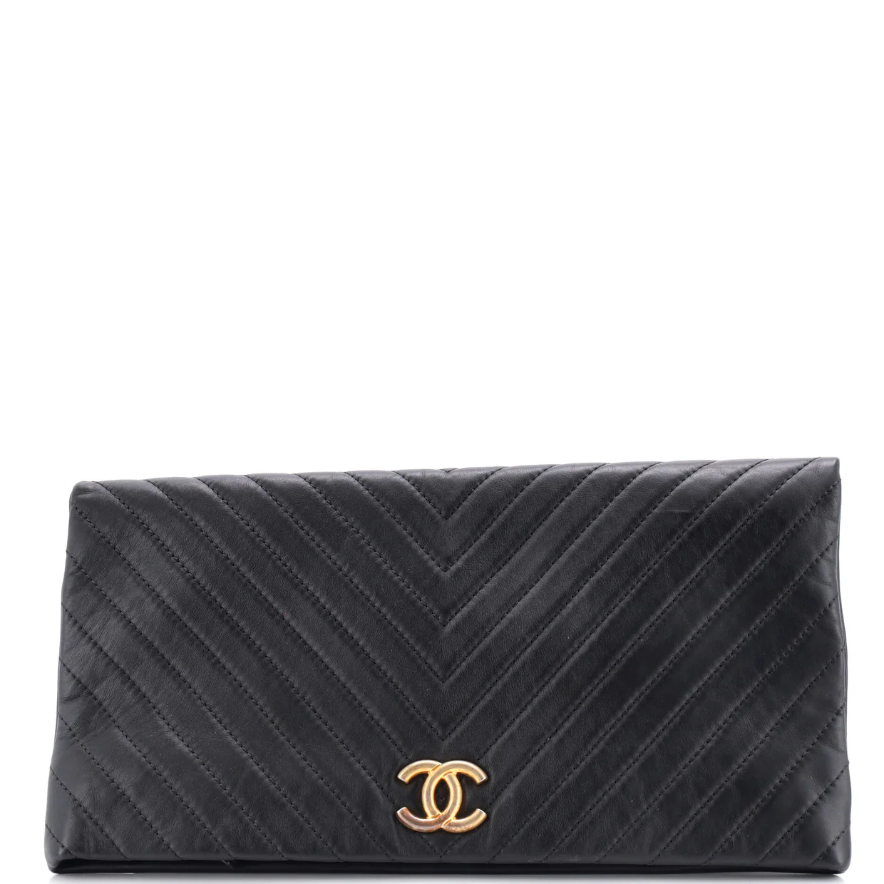 CC Foldover Clutch Chevron Lambskin Large - Deep Luxury