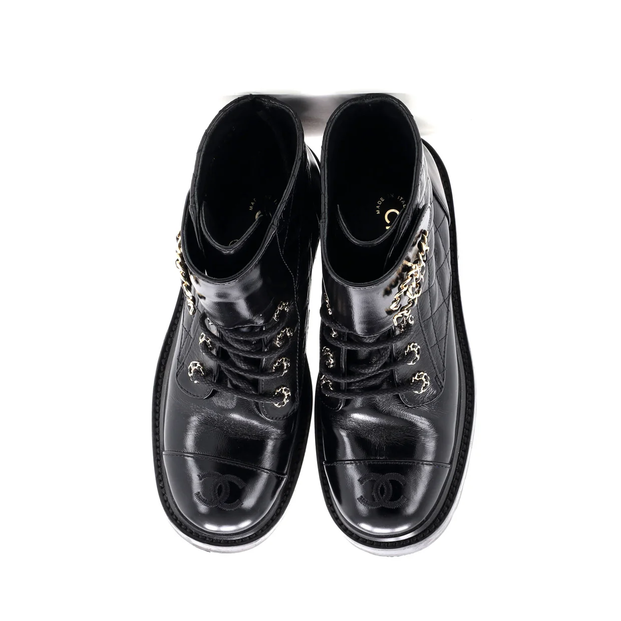 Women's Chain CC Cap Toe Lace Up Combat Boots Quilted Shiny Calfskin - Deep Luxury