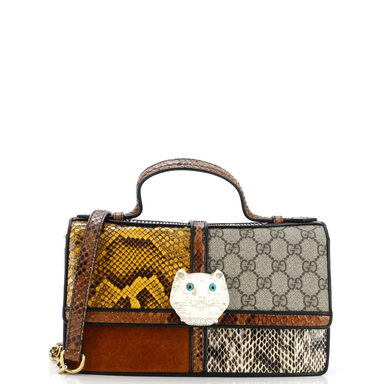 Feline Face Top Handle Bag GG Coated Canvas and Python Small - Deep Luxury