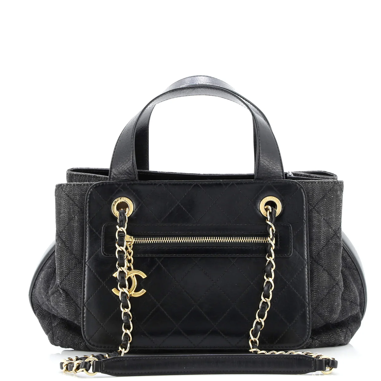 Shopping Tote Quilted Denim with Stitched Calfskin Medium - Deep Luxury