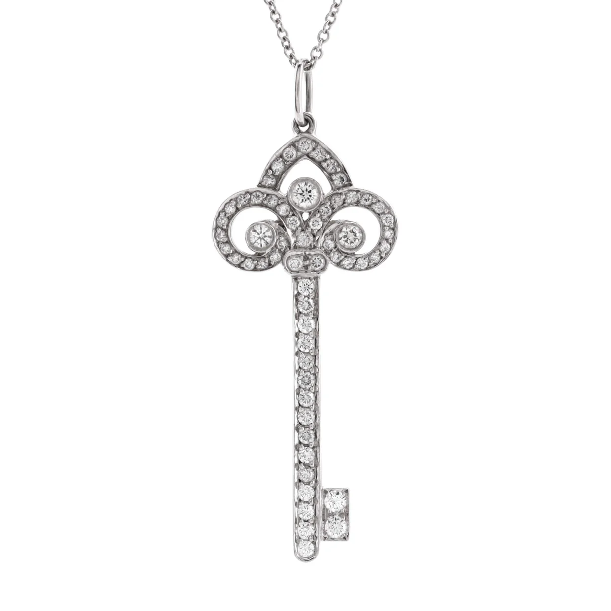 Fleur de Lis Key Pendant Necklace Platinum with Diamonds Large - Deep Luxury