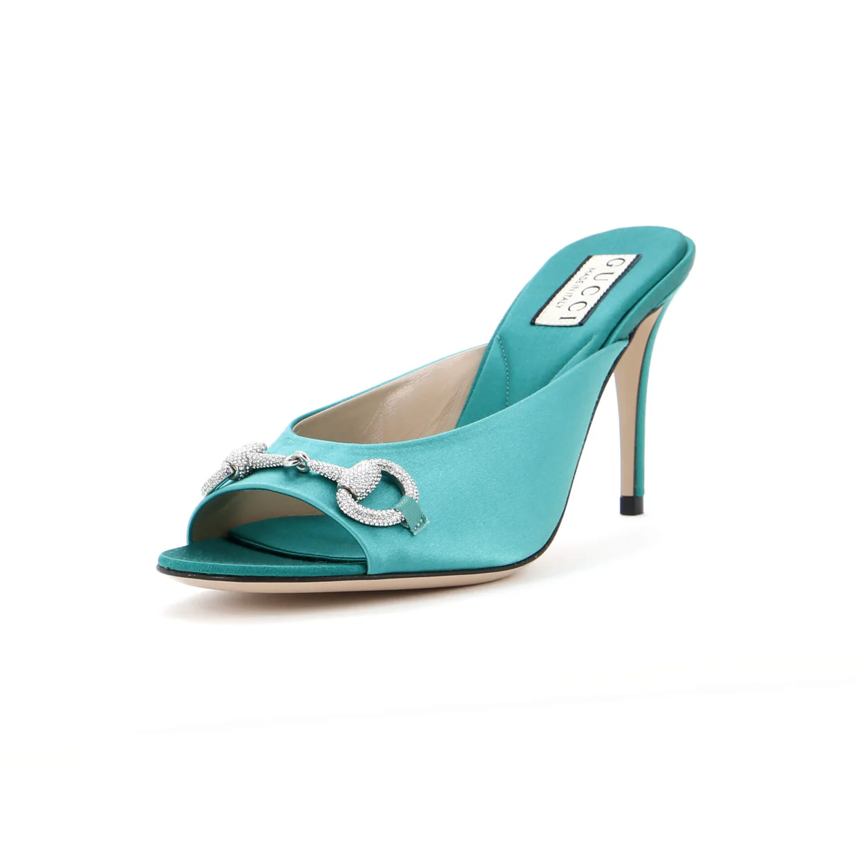 Women's Horsebit Heeled Mule Sandals Satin with Crystals - Deep Luxury