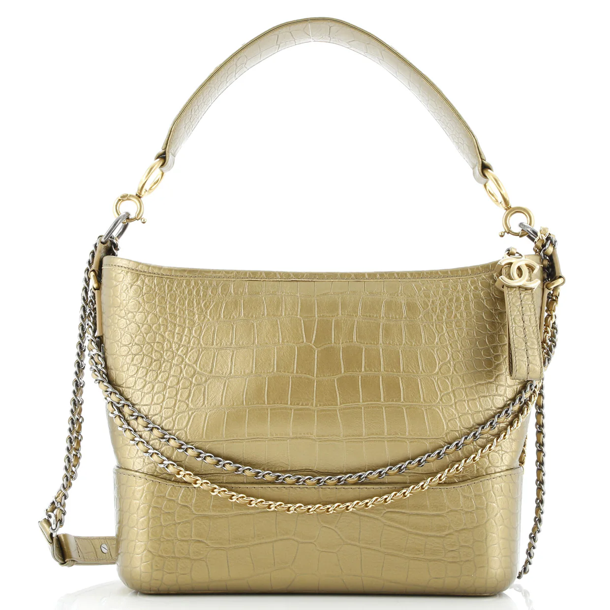 Gabrielle Hobo with Logo Handle Crocodile Embossed Calfskin Medium - Deep Luxury