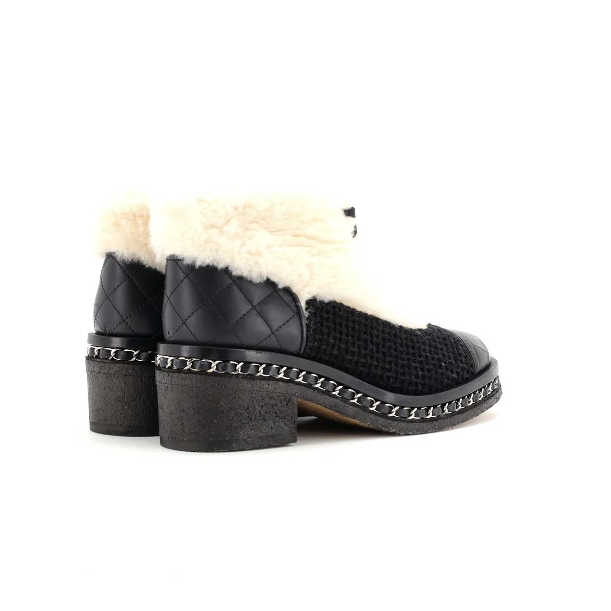 Women's Chain Sole Cap Toe Lace Up Ankle Boots Tweed and Fur with Leather - Deep Luxury
