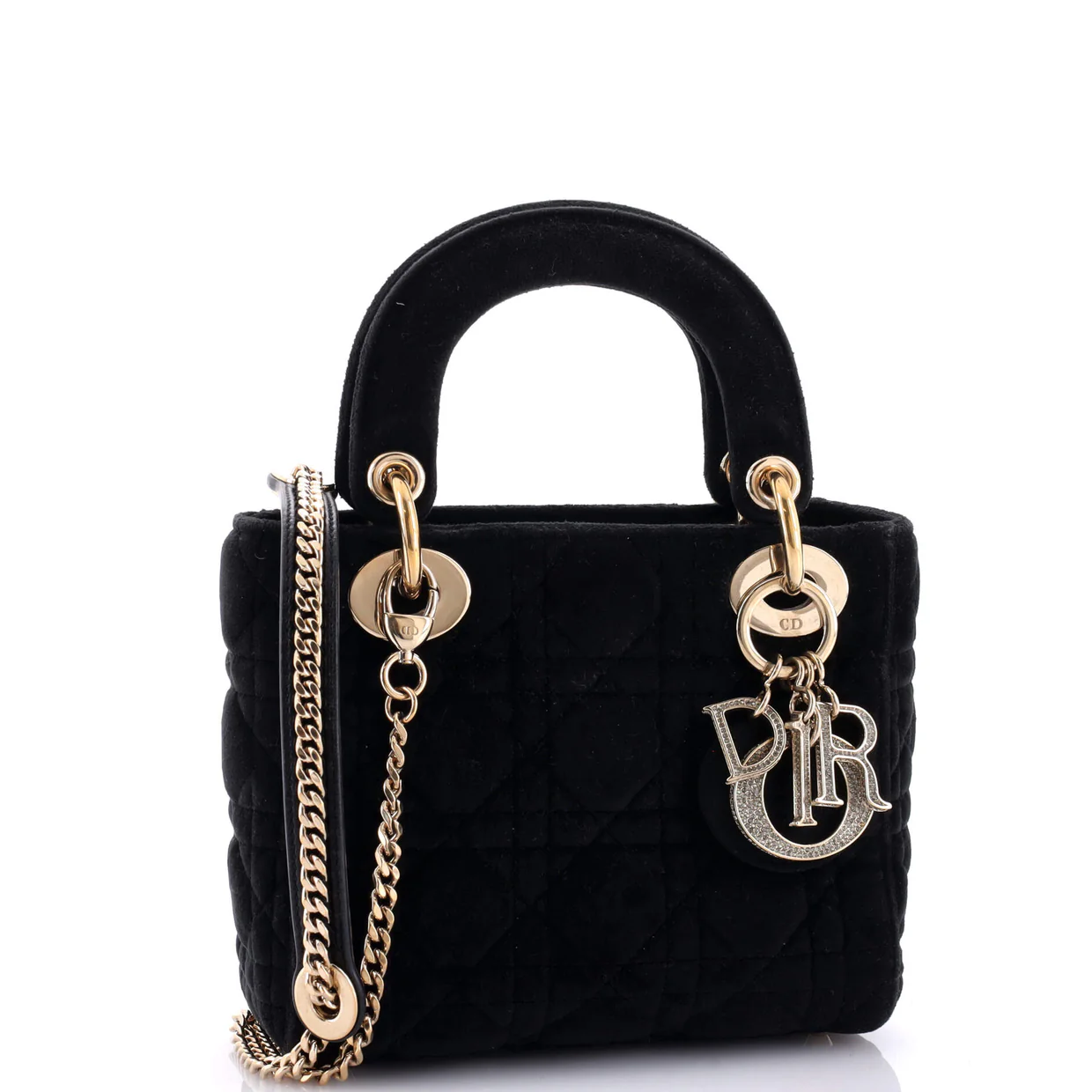 Lady Dior Chain Bag Cannage Quilt Velvet with Crystal Charms Mini - Deep Luxury
