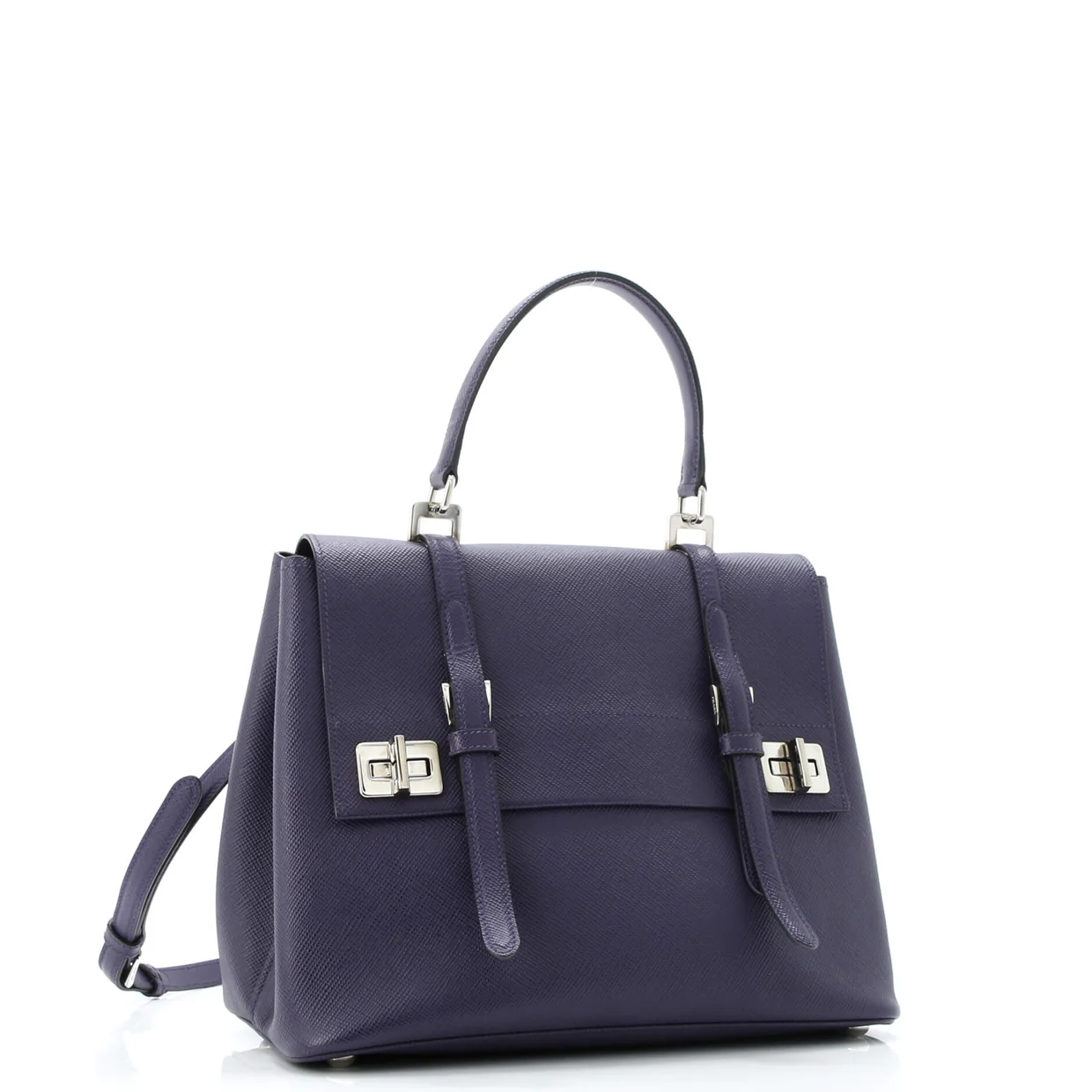 Half Flap Double Turn Lock Satchel Saffiano Leather Medium - Deep Luxury