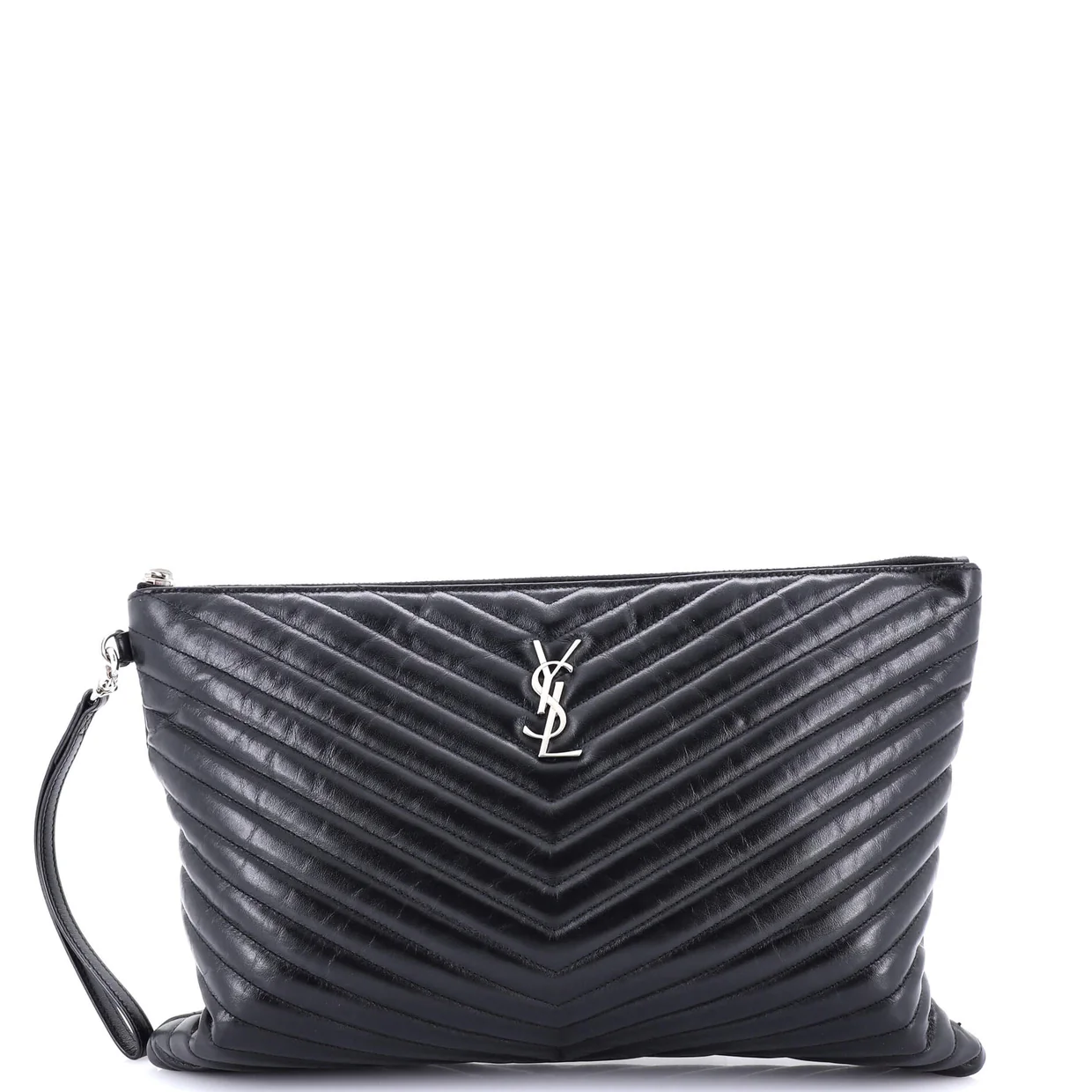 Classic Monogram Wristlet Pouch Matelasse Chevron Leather Large - Deep Luxury