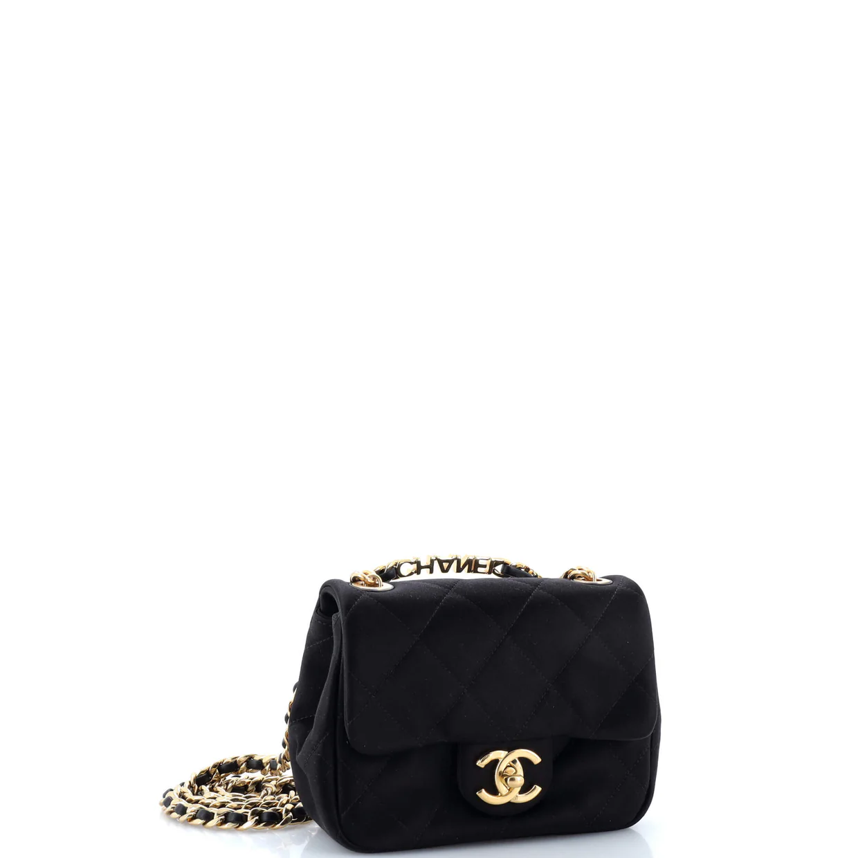 Oval Logo Chain Handle Flap Bag Quilted Satin with Crystals Mini - Deep Luxury