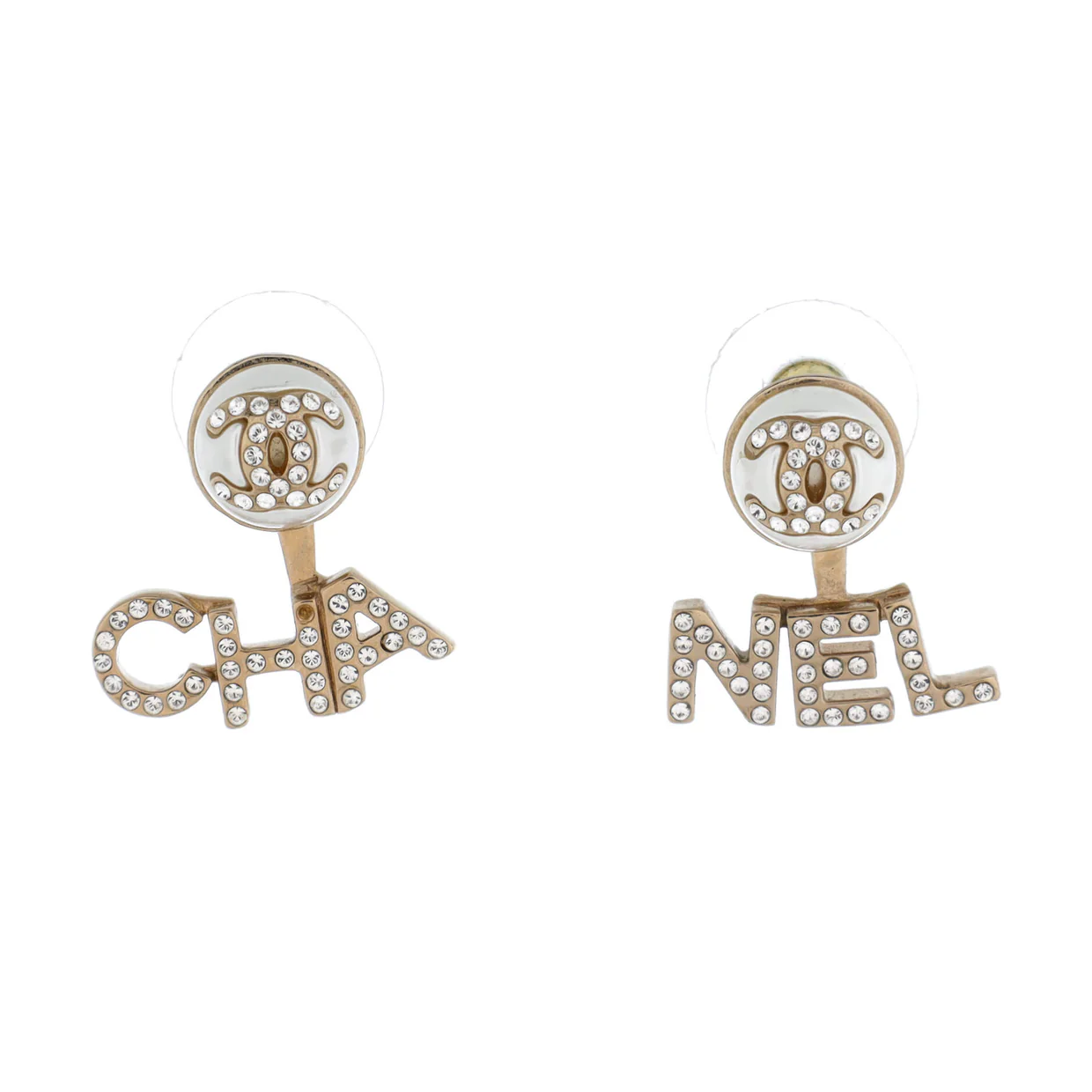 CHA-NEL Drop CC Stud Earrings Metal with Crystals and Faux Pearls - Deep Luxury