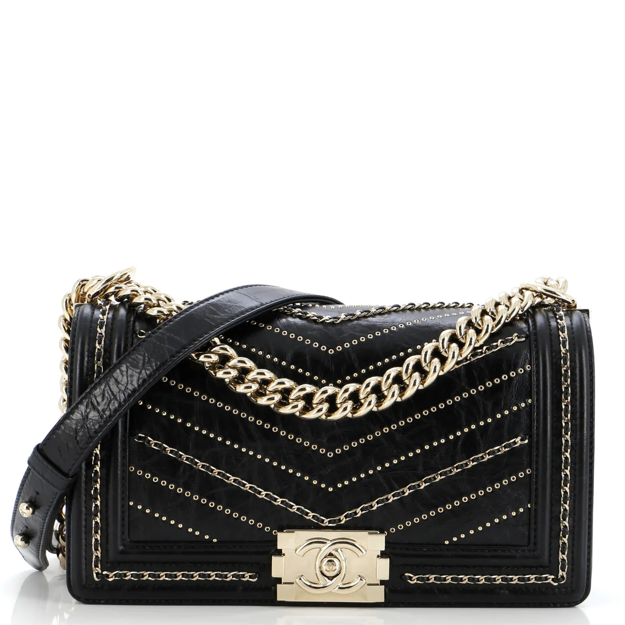 Boy Flap Bag Chevron Embellished Crumpled Calfskin Old Medium - Deep Luxury