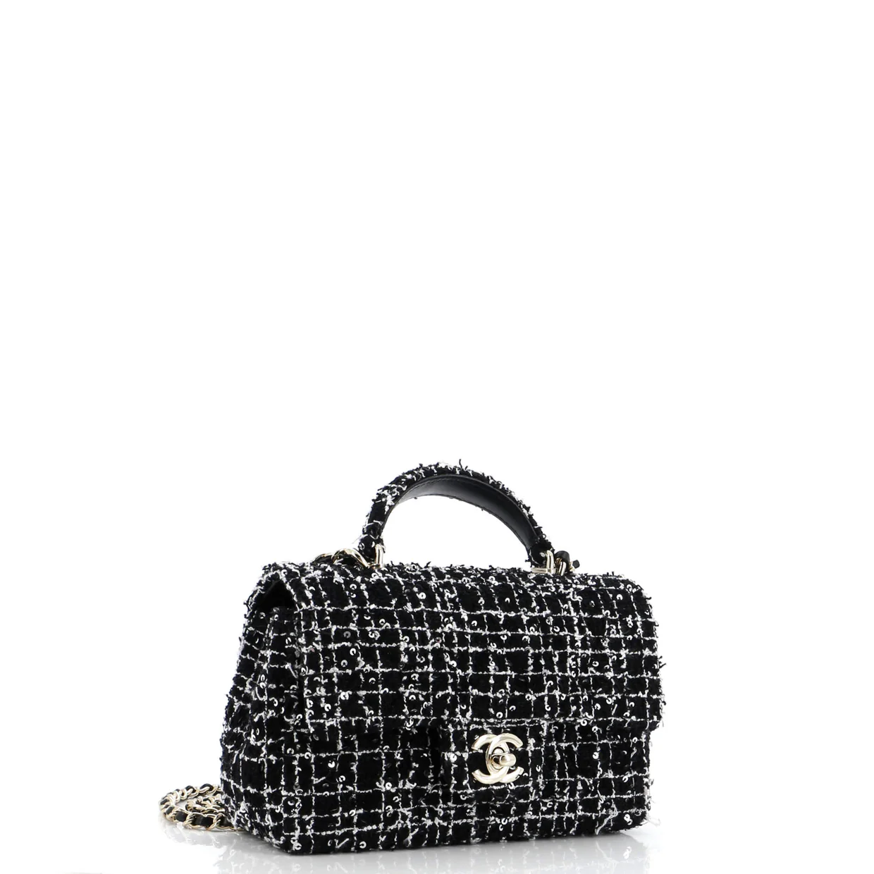 Classic Single Flap Top Handle Bag Quilted Tweed with Sequins Mini - Deep Luxury